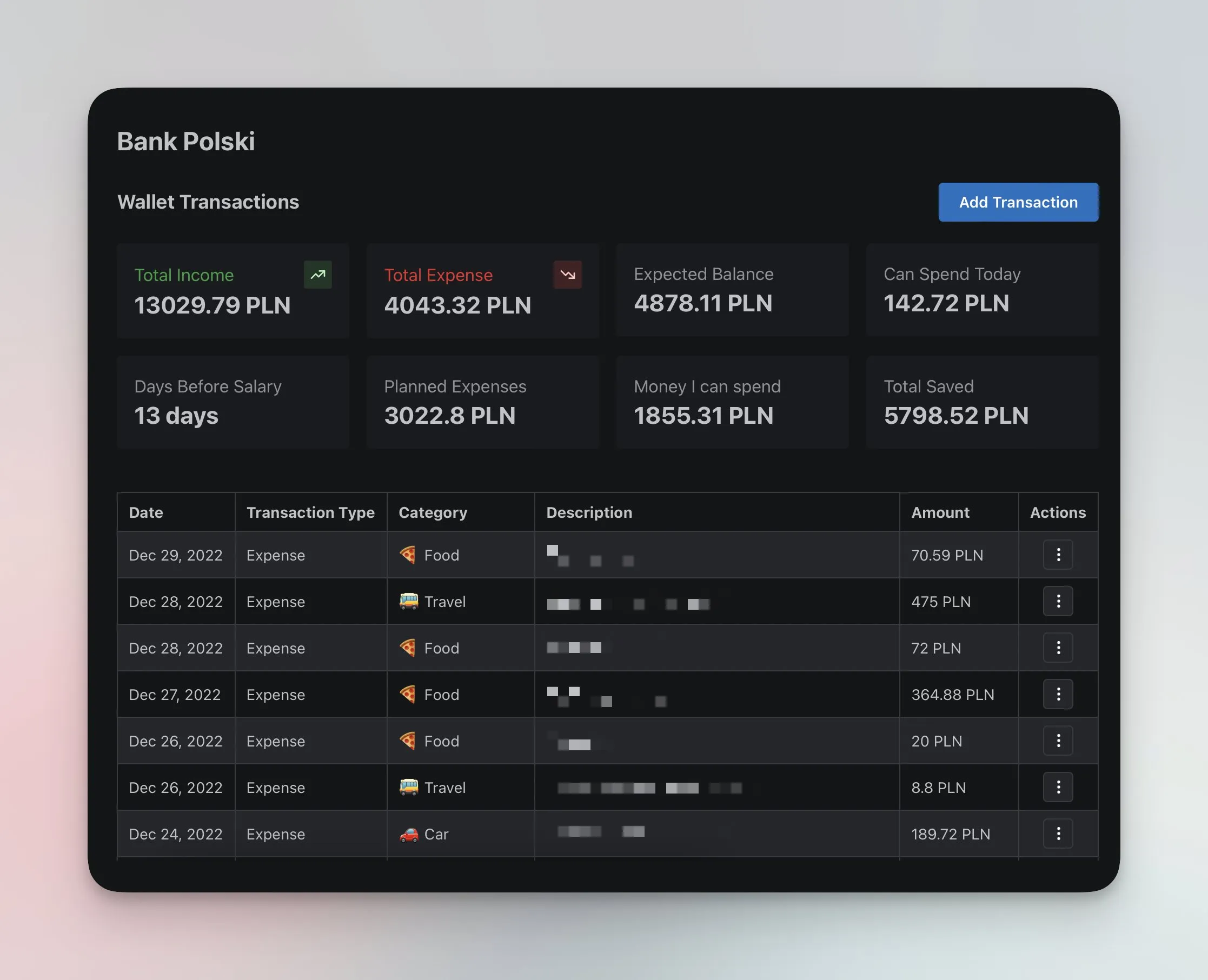Screenshot of wallet page with list of transactions and analytics