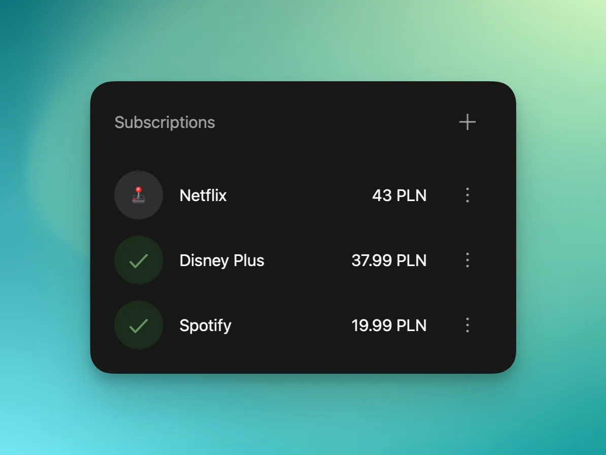 Screenshot of subscriptions feature